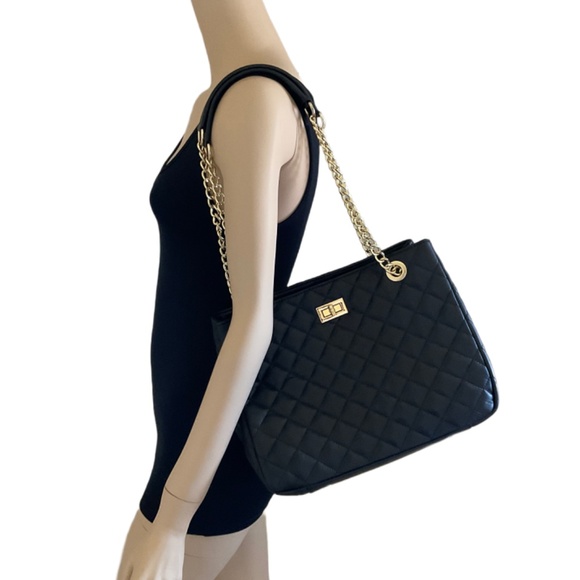 Isabella Rhea black quilted leather handbag purse tote bag with chain straps NWT - Picture 4 of 5
